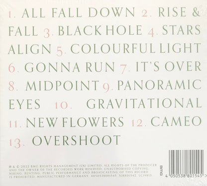 The back cover of a music CD for the band Bright Minds, featuring the tracklist from their album 'All Fall Down' in pale green and pink text on an off-white background, with a barcode in the bottom right corner.