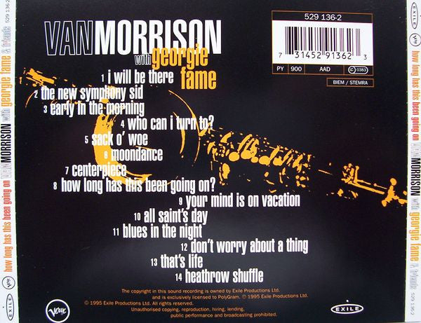Back cover of Van Morrison's 'Fame' CD single release, featuring tracklist text in white and yellow on a black background with a stylized yellow guitar graphic and barcode in the top right.