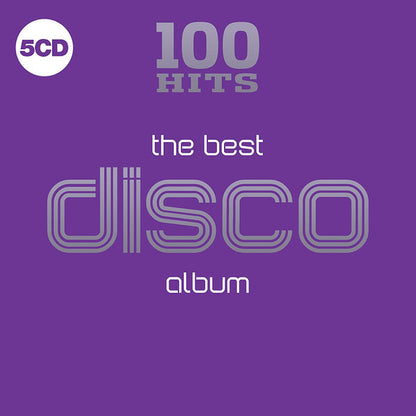Purple 5CD album cover for '100 Hits the Best Disco Album' with white and gray text and a white circular '5CD' badge in the top-left corner.