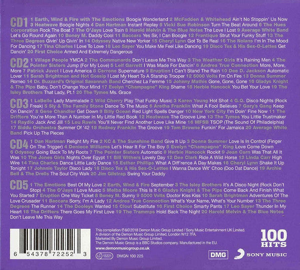 The back cover of a music compilation CD titled '100 Hits' featuring a comprehensive tracklist on a dark blue background with white text, a barcode, and logos for DMG and Sony Music.