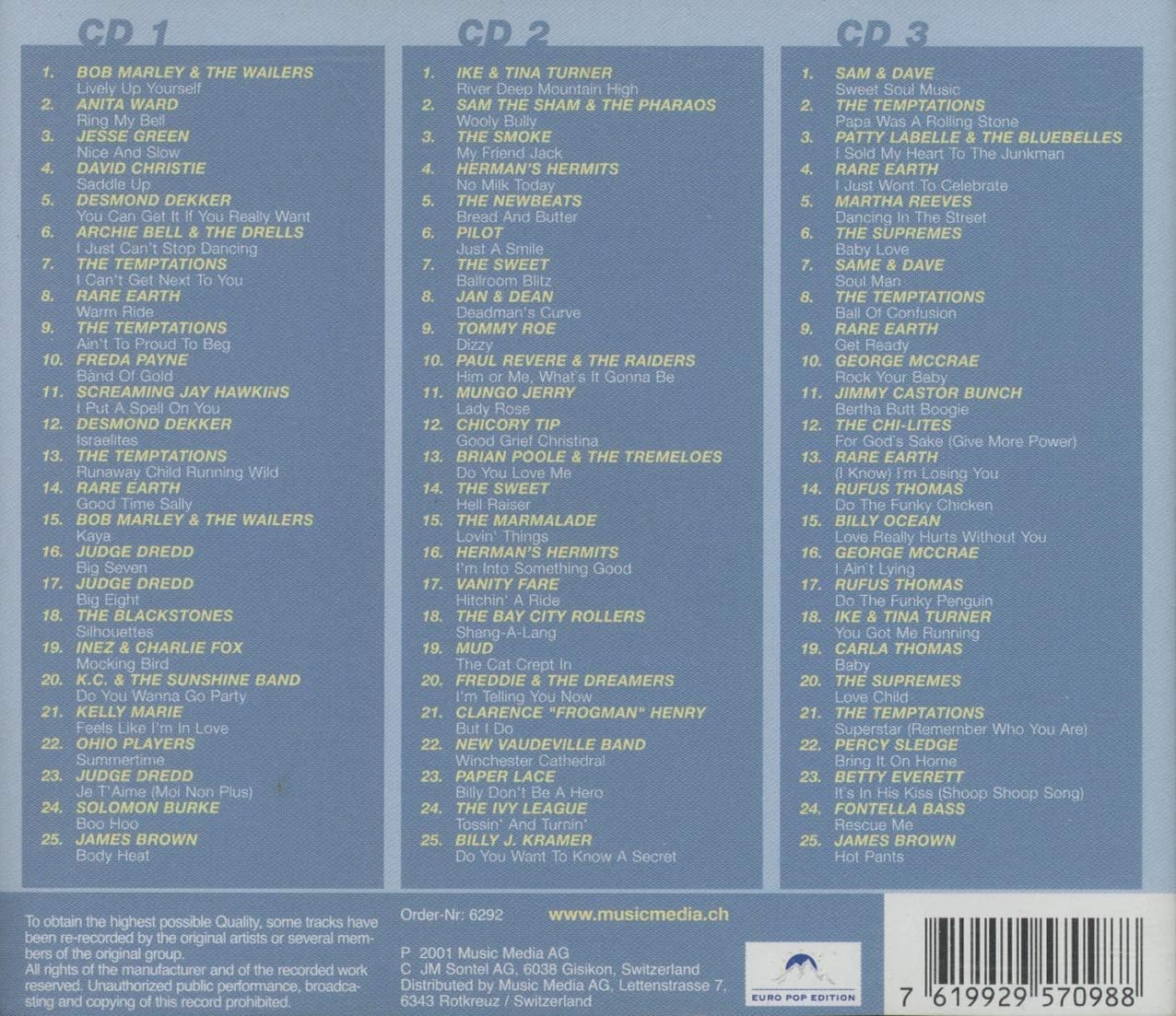 The back cover of a CD album, featuring three columns of track listings on a light blue-gray background with a small logo at the bottom right.