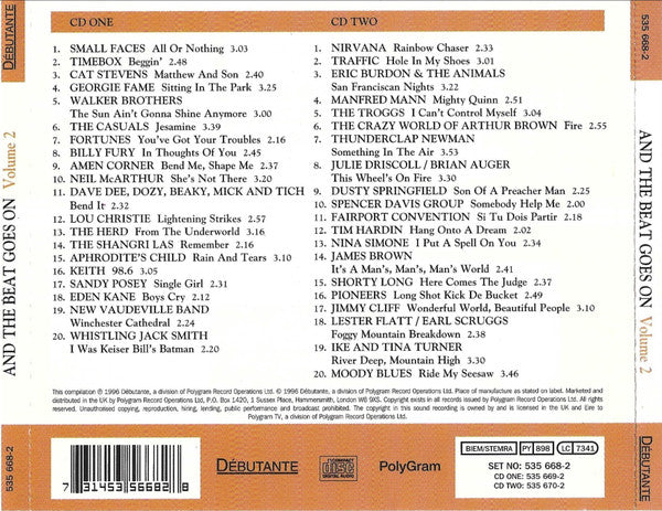 The back cover of the CD release of Debutante's 'And The Beat Goes On Volume 2' featuring a tracklist, copyright information, and the PolyGram logo.