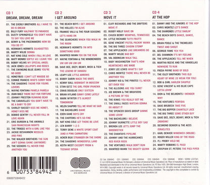The back cover of a CD album titled 'DREAM, GET AWAY, MOVE IT, AT THE HOP' featuring a tracklist, barcode, and copyright information on a white background.
