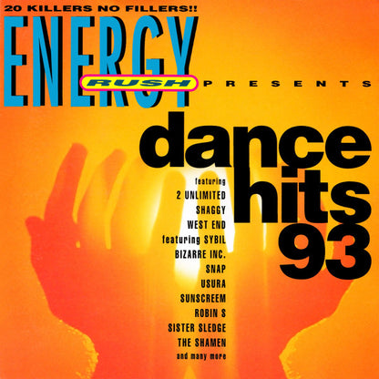 Album cover for Rush Presents Energy Dance Hits 93, featuring bold black and blue text over a bright orange and yellow background with silhouettes of hands.