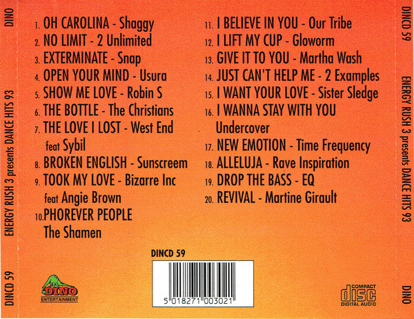 Back cover of the vinyl record 'Energy Rush 3 presents Dance Hits 93' by DINO, featuring a bright orange-to-yellow gradient background with tracklist text, a barcode, and the DINO logo.