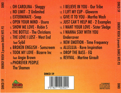 Back cover of the vinyl record 'Energy Rush 3 presents Dance Hits 93' by DINO, featuring a bright orange-to-yellow gradient background with tracklist text, a barcode, and the DINO logo.