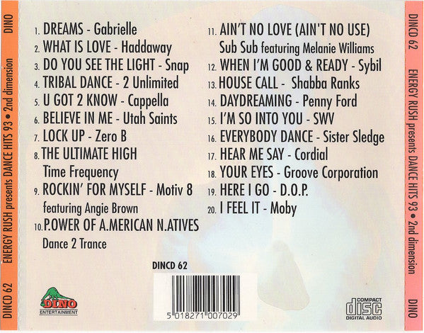 Back cover of a compact disc album titled 'Dance 93' by Energy Rush, showing track listings, barcode, and OVO branding on a mostly white background with orange side bands.