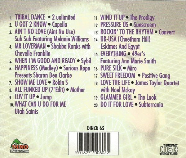 Back cover of a CD album with a tracklist printed in purple text on a pale beige background with a faint leaf pattern. A barcode and the text 'DINCD 65' appear near the bottom, with Digo Entertainment and Sony Music Digital Audio logos at the lower left and right.