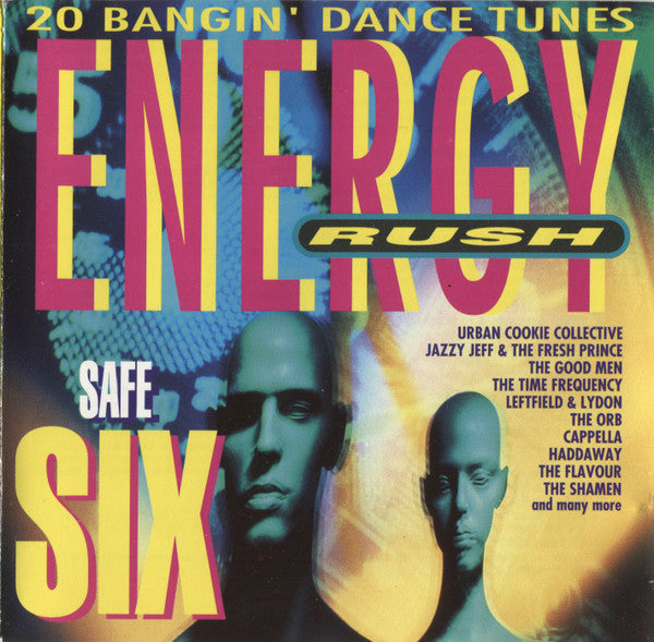 Album cover for 'Energy Rush' by Safe Six, featuring large pink and yellow text over a blue and yellow graphic background with stylized portraits of two men.