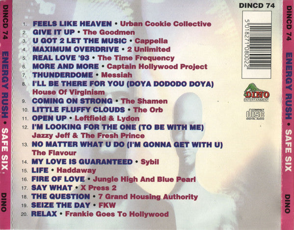 Back cover of a CD album titled 'Energy Rush - Safe Six' featuring a tracklist, barcode, and the Alfeo Discs logo.