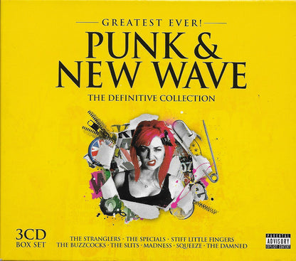 Punk & New Wave: The Definitive Collection 3CD box set on a bright yellow cover, featuring a collage-style portrait of a woman with red hair and music-related objects, plus a Parental Advisory label in the bottom right corner.