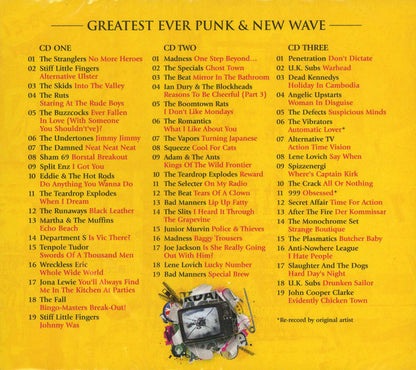 A yellow vinyl record cover for 'Greatest Ever Punk & New Wave' compilation album, featuring track listings for CD One through CD Three in black text.