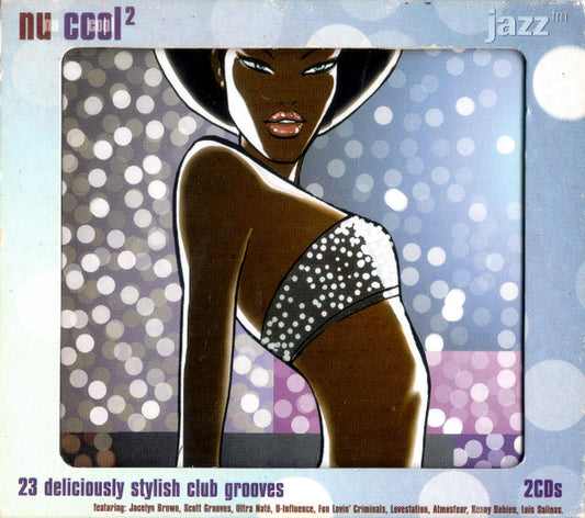 Album cover for 'nu coll2' featuring a stylized illustration of a woman in a black hat and embellished bikini against a purple and blue bokeh background, with 'jazz fm' branding and '20 deliciously stylish club grooves 2CDs' text.