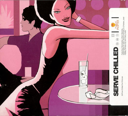 Album cover for 'Serve Chilled' by DJ Jazzy, featuring a stylized pink and purple illustration of a woman in a black dress at a bar with a cocktail glass and white record label on the right side.