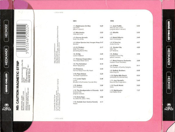 The back cover of a pink and black Heksaound CD album titled 'NB: CAUTION MAGNETIC STRIP', showing track listings for CD1 and CD2 with barcode and catalog details.