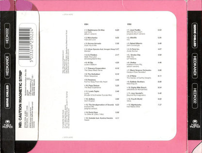 The back cover of a pink and black Heksaound CD album titled 'NB: CAUTION MAGNETIC STRIP', showing track listings for CD1 and CD2 with barcode and catalog details.