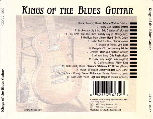 Back cover of the 'Kings of the Blues Guitar' CD compilation album, featuring a sepia-toned illustration of a guitar, a track list, barcode, and publisher credits.