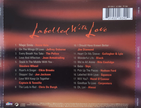 Back cover of a music CD titled 'Labelled With Love' showing a tracklist, barcode, and red-to-brown gradient background.