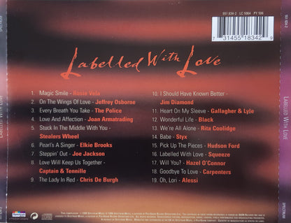 Back cover of a music CD titled 'Labelled With Love' showing a tracklist, barcode, and red-to-brown gradient background.