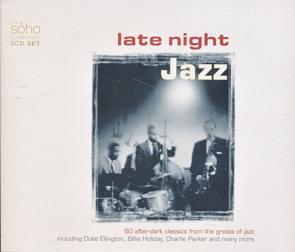 Album cover for 'Late Night Jazz' featuring a jazz band with text about the collection.