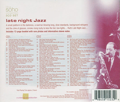 Album cover for 'Late Night Jazz' with saxophonist illustration and text details.
