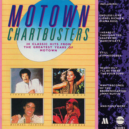 Motown Chartbusters compilation album cover featuring four portrait photos of Lionel Richie, Diana Ross, Michael Jackson, and Stevie Wonder, with a purple tracklist column on the right and a small Melstar logo at the bottom.