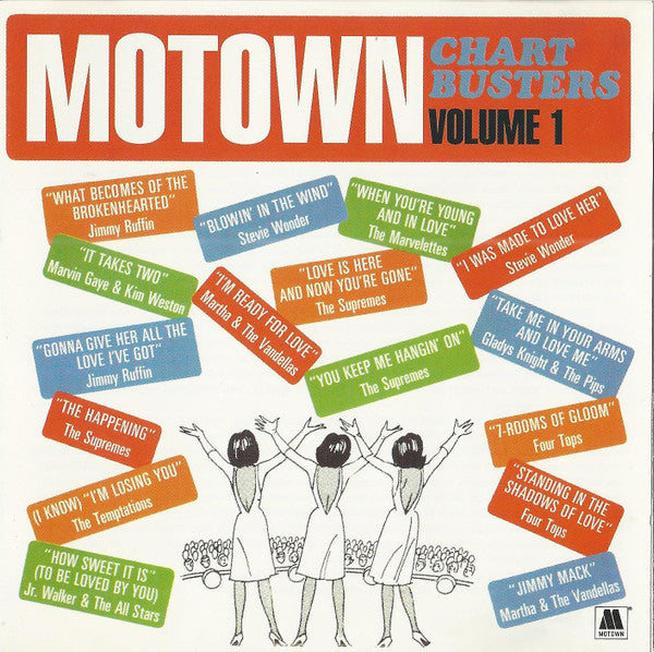 Motown Chart Busters Volume 1 compilation album cover featuring four illustrated women with raised arms below a large orange title block with white and blue text.