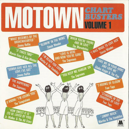 Motown Chart Busters Volume 1 compilation album cover featuring four illustrated women with raised arms below a large orange title block with white and blue text.