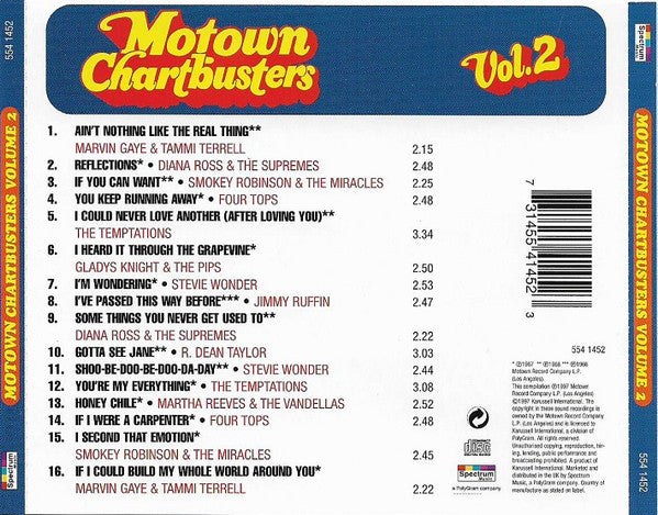 Back cover of the Motown Chartbusters Vol. 2 CD album, showing the track list, barcode, and copyright information on a white background with a blue header.