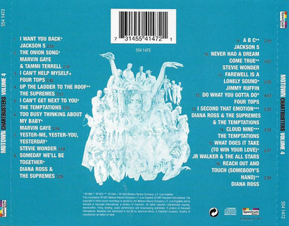 The back cover of the Motown Chartbusters Volume 4 CD, featuring a bright turquoise background with white text listing both album tracks and a central white graphic illustration of Motown performers on stage.