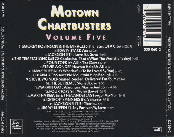 Back cover of the Motown Chartbusters Volume Five CD, featuring a black background with the title in large gold and white lettering, a tracklist, a barcode, and the Motown logo at the bottom.