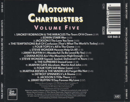 Back cover of the Motown Chartbusters Volume Five CD, featuring a black background with the title in large gold and white lettering, a tracklist, a barcode, and the Motown logo at the bottom.