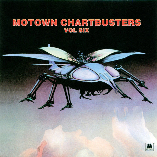 Album cover for 'Motown Chartbusters Vol Six' featuring a futuristic insect-like vehicle with multiple legs and wings against a dark sky and soft clouds.