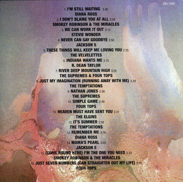 A square printed cover or booklet page showing a numbered song list printed in white text over a textured pink, purple, and blue abstract background. The top right shows the number 554 14965, and the bottom right shows 'FOUR TOPS'.