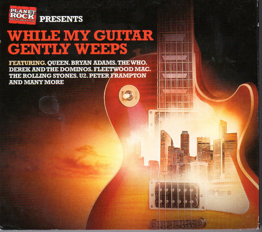 Album cover for 'While My Guitar Gently Weeps' presented by Frabollic Rock Records, featuring a large red and gold electric guitar with a cityscape reflection on its body against a dark background.
