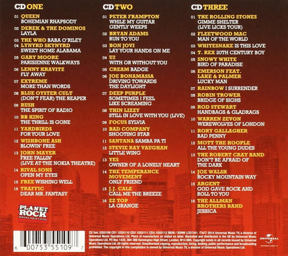 The back cover of a music compilation album titled 'Planet Rock' featuring a tracklist for 'Three' side one, with artist names and song titles in yellow text on a dark red background.