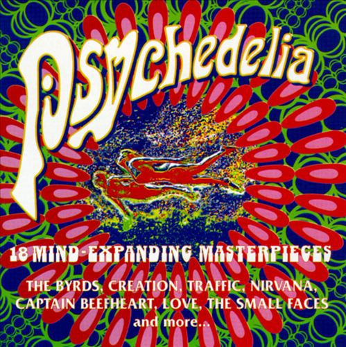 Psychedelia album cover featuring a psychedelic floral design with the title 'Psychedelia' in large white letters with a yellow outline. The center shows a colorful abstract figure in red, yellow, and blue.