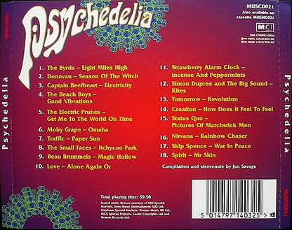 Back cover of the Psychedelia compilation CD album, featuring a red-to-purple gradient background with green mandala-like corner designs, a tracklist, and a barcode.