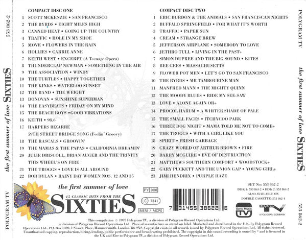 The back cover of a vinyl record compilation album titled 'the first summer of love' by Peter Jackson, showing track listings for both 'Compact Disc One' and 'Compact Disc Two' on a white background with black text.