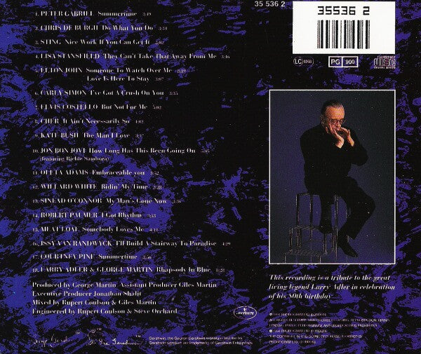 The back cover of a CD album featuring a dark purple background with white text listing track titles and credits, a barcode, and a small inset photo of a man singing into a microphone.