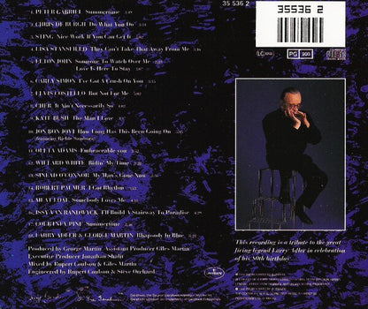 The back cover of a CD album featuring a dark purple background with white text listing track titles and credits, a barcode, and a small inset photo of a man singing into a microphone.