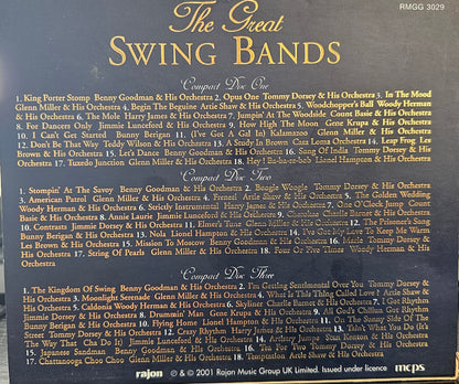 A printed cover or booklet page featuring the title 'The Great Swing Bands' in large gold lettering at the top, with two columns of song titles and artist names listed below. The page includes small logo marks in the corners and a copyright line for Rajon Music Group.