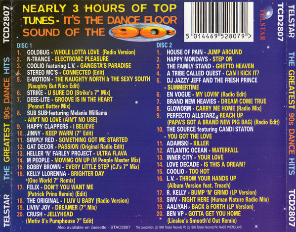 A music compilation album cover for 'Sound of the 90s' dance hits, featuring a dark blue starry background with a central orange sun graphic and two columns of tracklist text on the front and back.