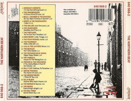 Back cover of a music album titled 'The Northern Beat' with a tracklist on the left, barcode and catalog number at top right, and a black-and-white street scene illustration on the right.