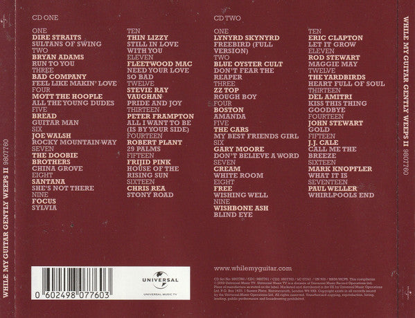 The back cover of a music CD for 'While My Guitar Gently Weeps' by John Stewart, featuring track listings for CD One and CD Two on a dark maroon background with white text.