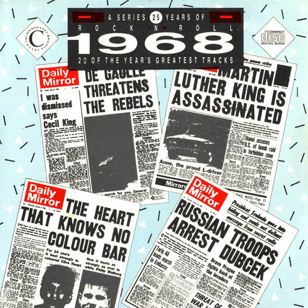 Album cover for '20 of the Year's Greatest Tracks - 1968' featuring five overlapping Daily Mirror newspaper clippings with headlines on a light blue background with scattered black and white confetti.