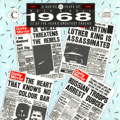 Album cover for '20 of the Year's Greatest Tracks - 1968' featuring five overlapping Daily Mirror newspaper clippings with headlines on a light blue background with scattered black and white confetti.