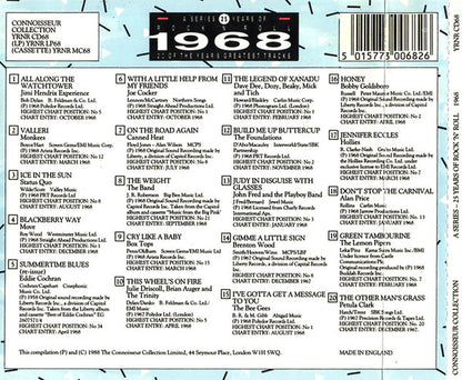 Back cover of a compilation music single titled '1968' from Conneezer Collection, showing track listings, barcode, artist names, and release details on a white background.