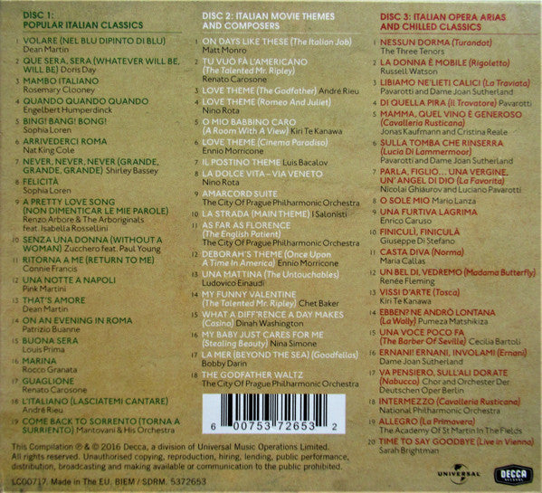 Back cover of a music compilation album CD, showing track listings for Discs 1, 2, and 3 in red and brown text on a white background, with a barcode and Universal Music Operations Limited branding at the bottom.