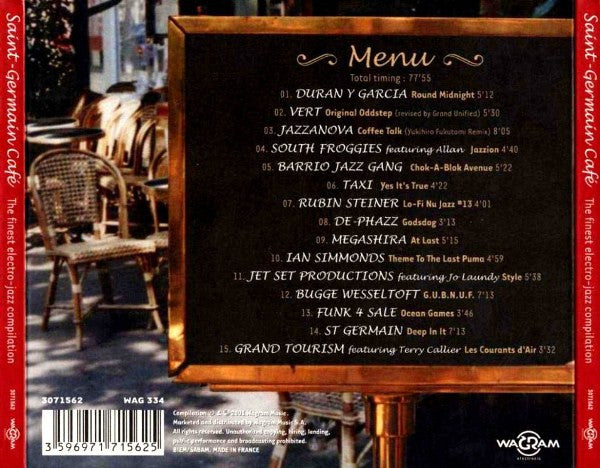 Back cover of a Saint Germain Cafe compilation CD, featuring a tracklist on a dark wood panel background with a blurred outdoor cafe scene, red spine bands, and the Wargram logo at the bottom right.